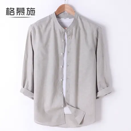 格慕施棉麻舒适七分袖衬衫男士亚麻透气夏季休闲立领薄款短袖衬衣图片