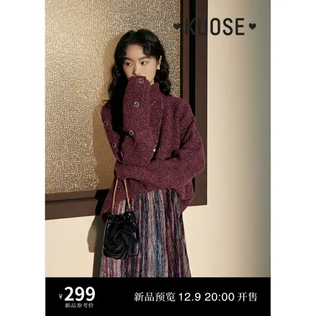 阔色复古酒红色高领毛衣女2023秋冬季新款中长针织衫宽松套头上衣图片