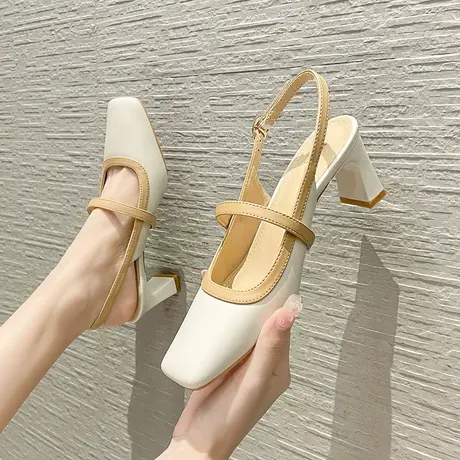 玛丽珍高跟鞋女2024年新款春夏季珍珠法式方头一字扣后空粗跟单鞋图片