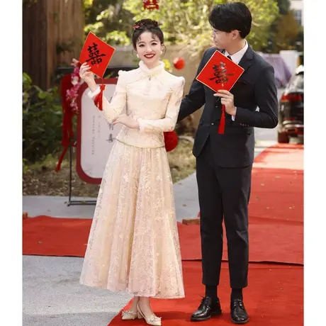 敬酒服2024新款新娘旗袍订婚礼服裙中式结婚长袖加厚冬季女香槟色商品大图