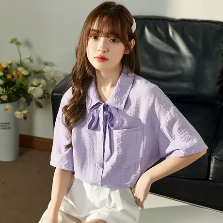 唐狮短袖衬衫夏季女紫色蝴蝶结衬衣薄款宽松polo领时尚上衣甜美图片