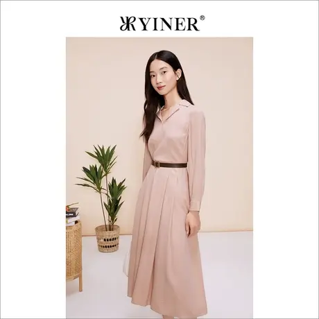 YINER音儿2023春季法式小西装领高腰提花真丝连衣裙图片