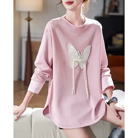 宝诗黎圆领钉珠提花长袖T恤2024春季新款宽松休闲棉质女装上衣潮图片