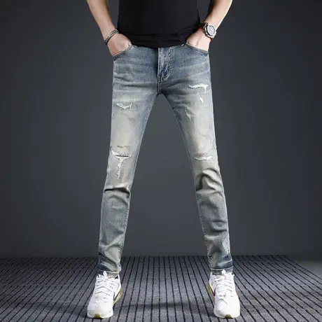 美式高街复古牛仔裤2024新款男修身小脚破洞补丁泼墨潮流男士裤子商品大图