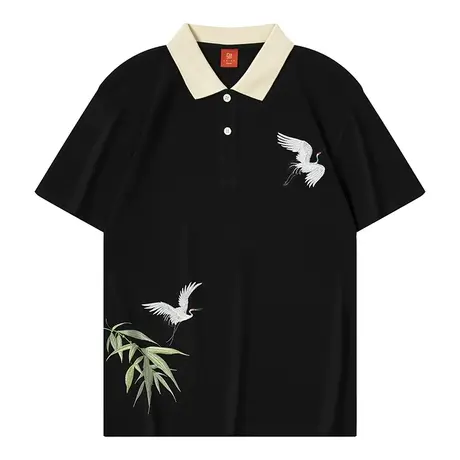 男生短袖翻领POLO衫刺绣仙鹤有领宽松休闲国潮百搭纯棉男士t恤衫商品大图