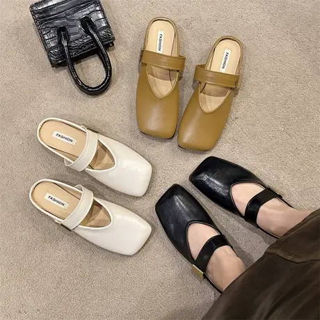 包头拖鞋女外穿2024年春夏季新款复古方头单鞋配裙子平底半拖鞋潮商品大图