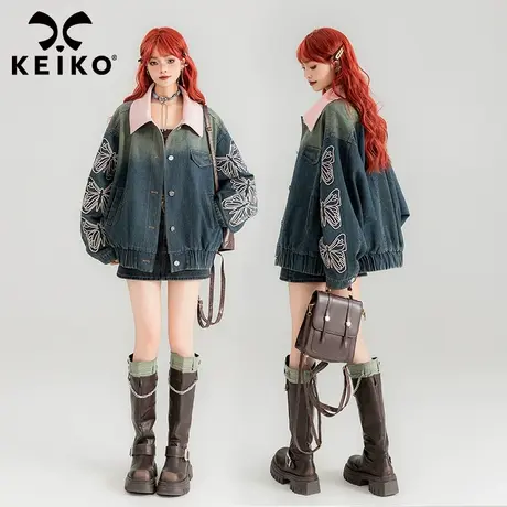 KEIKO 重工蝴蝶绣牛仔外套2024春季美式复古撞色翻领宽松夹克上衣商品大图