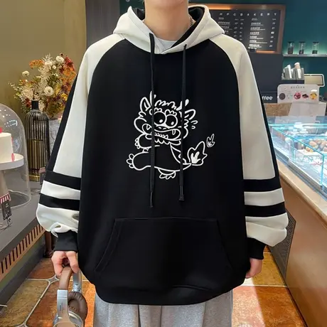 龙年连帽卫衣男春秋冬款撞色拼接上衣服男青少年潮牌印花休闲外套图片