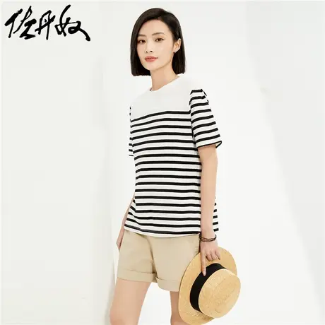 佐丹奴短袖t恤女夏季新款纯棉海魂衫泡泡袖圆领条纹上衣13324248商品大图