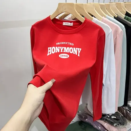 红色长袖t恤女纯棉圆领显瘦打底衫上衣chic早春设计感内搭秋磨毛图片
