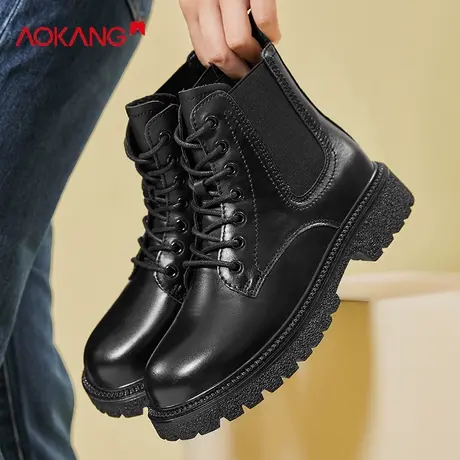 奥康女鞋2024年新款冬季黑色厚底短靴复古英伦风机车系带马丁靴女商品大图