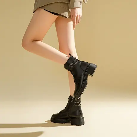 依思Q短靴女2023新款秋冬季加绒黑色粗跟女靴子弹力瘦瘦靴时装靴商品大图