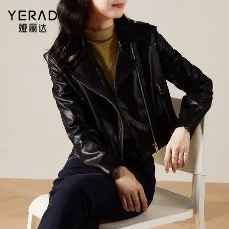 娅丽达皮衣外套女2024年春季新款复古机车服上衣pu皮短款黑色夹克商品大图