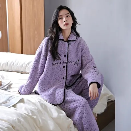 婷美长毛绒睡衣女秋冬季加厚开衫长袖保暖珊瑚绒家居服冬款套装女商品大图