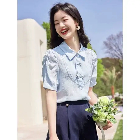 时尚气质短袖衬衫2023年夏季新款淑女温柔甜美翻领显瘦通勤上衣商品大图