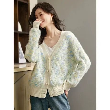 时尚气质毛衣开衫2023年秋季新款淑女温柔宽松V领显瘦通勤上衣图片