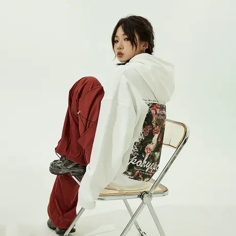 YEP潮牌美式复古连帽卫衣女春秋2023新款玫瑰花宽松oversize外套商品大图