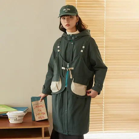 omont蛋挞家 复古墨绿色工装棉衣女冬设计感连帽拼色工装棉服外套商品大图