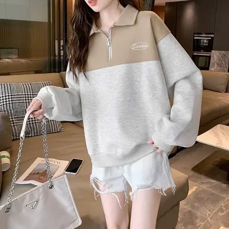 polo领卫衣女秋款chic港风加厚外套2023新款早秋季上衣女韩版宽松图片