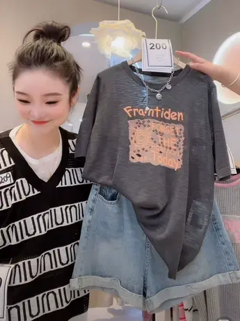 欧洲站新款宽松t恤女夏时尚字母刺绣高级感灰色圆领套头短袖上衣商品大图