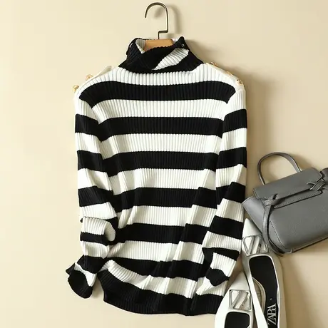 堆堆高领毛衣打底衫女士内搭秋冬2022年新款条纹洋气加厚针织上衣商品大图