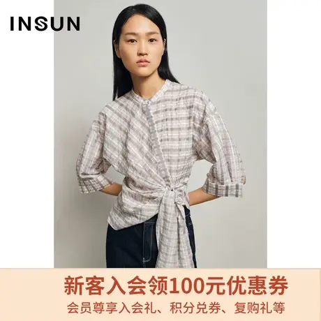 恩裳夏季时尚七分袖棉质宽松下摆系带格纹衬衫设计感小众商品大图