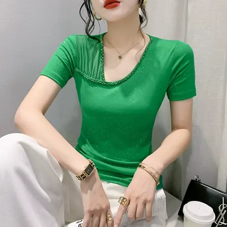 性感V领短袖T恤女欧货洋气网纱拼接上衣时尚钉珠体恤修身百搭小衫商品大图
