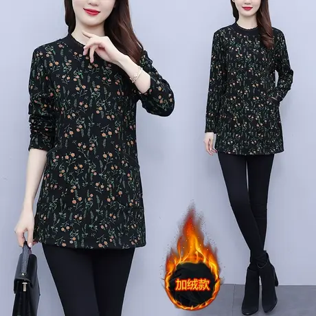 加绒加厚中长款女士冬季2023新款长袖洋气妈妈装保暖打底衫t恤女商品大图