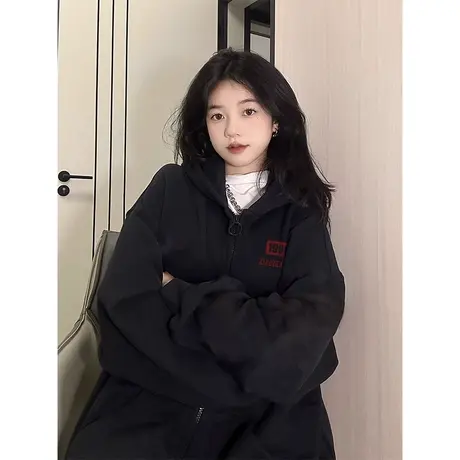 休闲卫衣外套女2023新款爆款美式复古秋冬高级感慵懒百搭连帽开衫商品大图