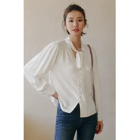 弥古莱赛尔天丝衬衫女2023新款秋季长袖高级感法式衬衣蝴蝶结上衣商品大图