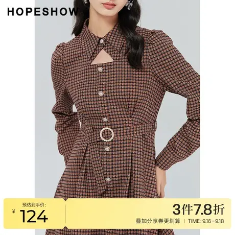 红袖outlets千鸟格系带连衣裙hopeshow2022秋款三角镂空气质裙子图片