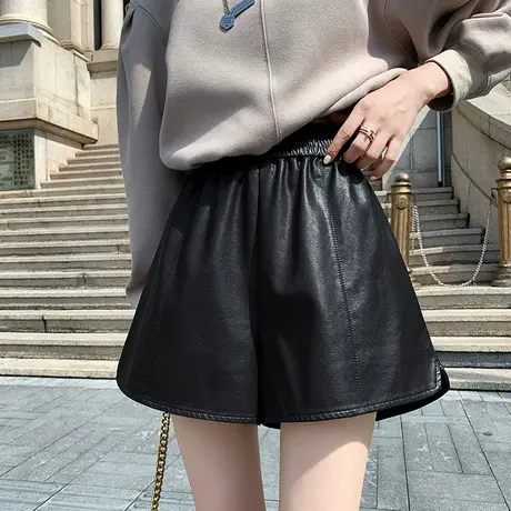 高腰皮短裤女春秋款黑色外穿显瘦开叉皮裤2022春秋松紧腰秋冬靴裤商品大图