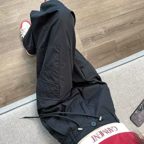 黑色工装裤女秋冬加绒2023年新款高腰宽松束脚休闲两穿美式阔腿裤商品大图