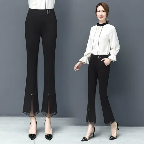 黑色高腰显瘦微喇西装裤女夏季薄款弹力别致开叉修身小个子九分裤图片