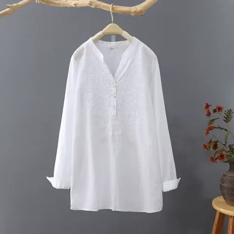 V领套头衬衫2023年春季新品亚麻刺绣长袖衬衣女文艺复古棉麻上衣图片
