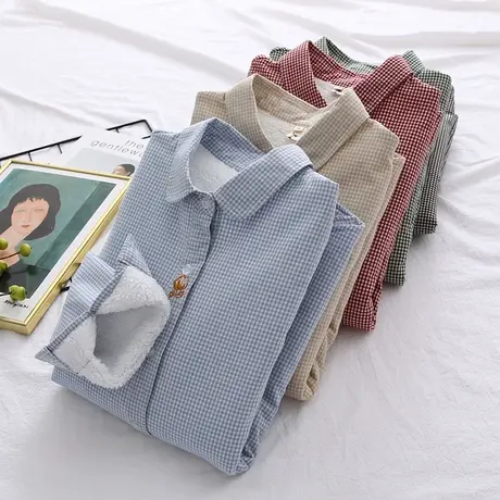 冬天新款文艺小清新格子加绒衬衫女长袖宽松刺绣保暖加厚打底衬衣图片