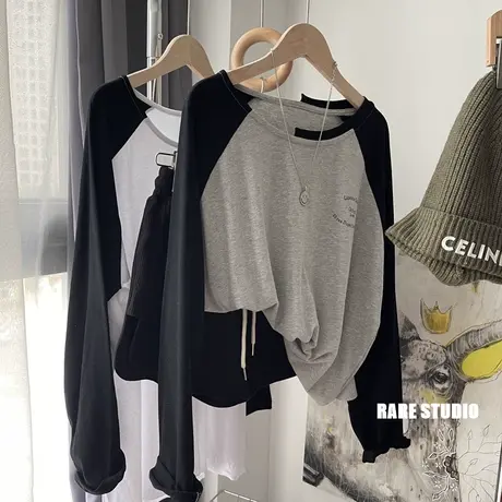 秋季新款设计款简约休闲百搭插肩袖T恤女长袖罩衫女显瘦慵懒风bf商品大图