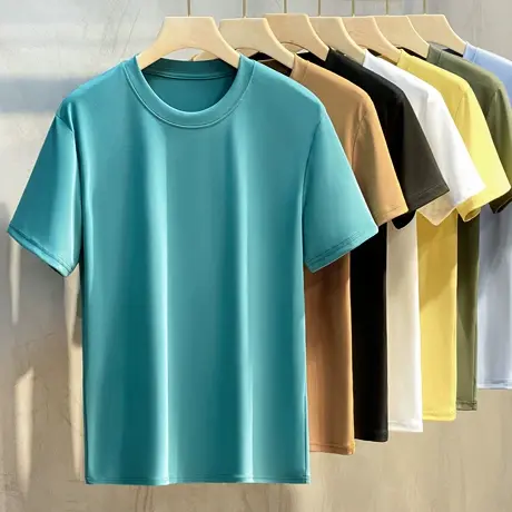 2023丝光柔滑春夏新款品质男士韩版短袖T恤潮流修身纯色打底衫男商品大图