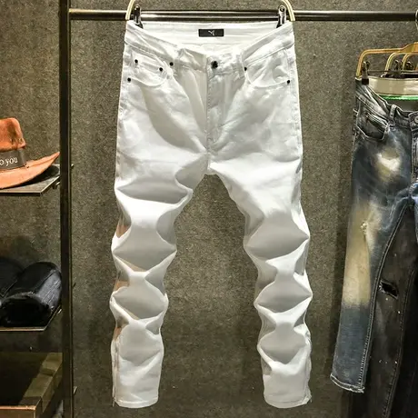 白色高街ins潮牛仔裤男士修身直筒裤子春季潮牌裤脚开叉休闲长裤商品大图