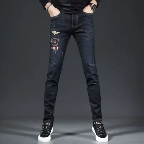 深蓝色刺绣牛仔裤男2023新款修身小脚潮流百搭弹力男士牛仔裤春秋商品大图