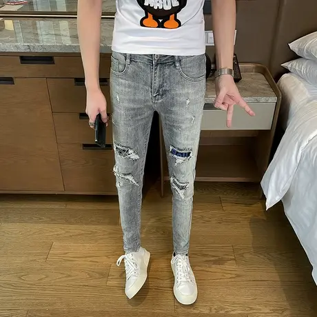 2023春夏新款青少年弹力补丁乞丐破洞裤男潮修身小脚牛仔裤长裤商品大图