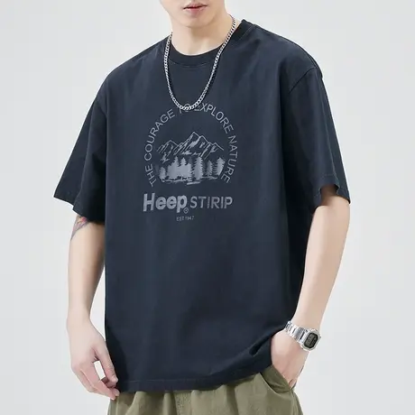 夏季印花字母全棉圆领短袖T恤男士2023新款无领体恤衫夏装上衣服商品大图