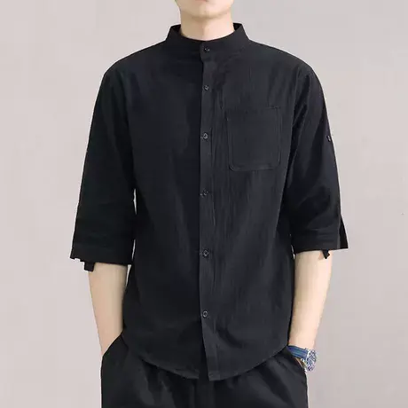 亚麻衬衫男短袖夏季薄款宽松韩版潮流帅气休闲百搭七分袖棉麻上衣商品大图
