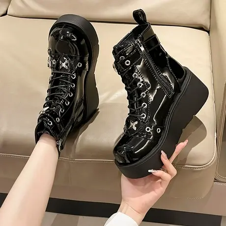 小个子增高粗跟马丁靴女英伦风2023秋季中筒侧拉链厚底系带短单靴商品大图