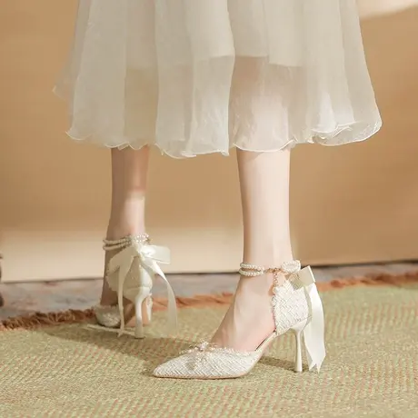 包头凉鞋女2023夏季新款中空珍珠一字带水钻蝴蝶结尖头细跟高跟鞋商品大图