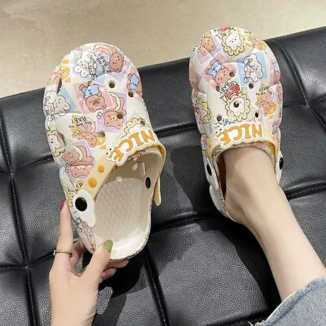 防滑洞洞鞋女夏季外穿ins潮时尚可爱兔子小熊厚底沙滩包头凉拖鞋商品大图