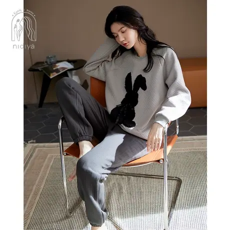 妮狄娅新款睡衣女秋季加厚夹层纯棉长袖圆领卡通可外穿家居服套装商品大图