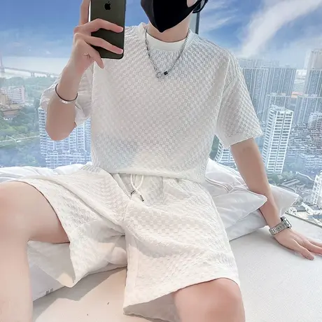 夏季男士恤短裤两件套短袖修身潮牌纯色格子薄款运动透气学生套装图片