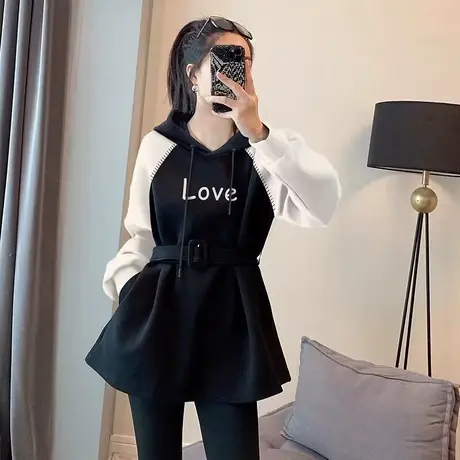 欧洲站大码春秋款胖mm中长款连帽卫衣女设计感撞色上衣外套200斤商品大图
