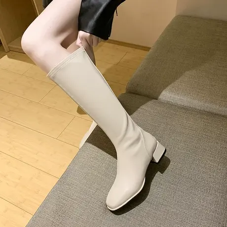 显瘦长靴女2025新款春秋单靴子粗跟不过膝中筒靴高筒骑士靴瘦瘦靴图片